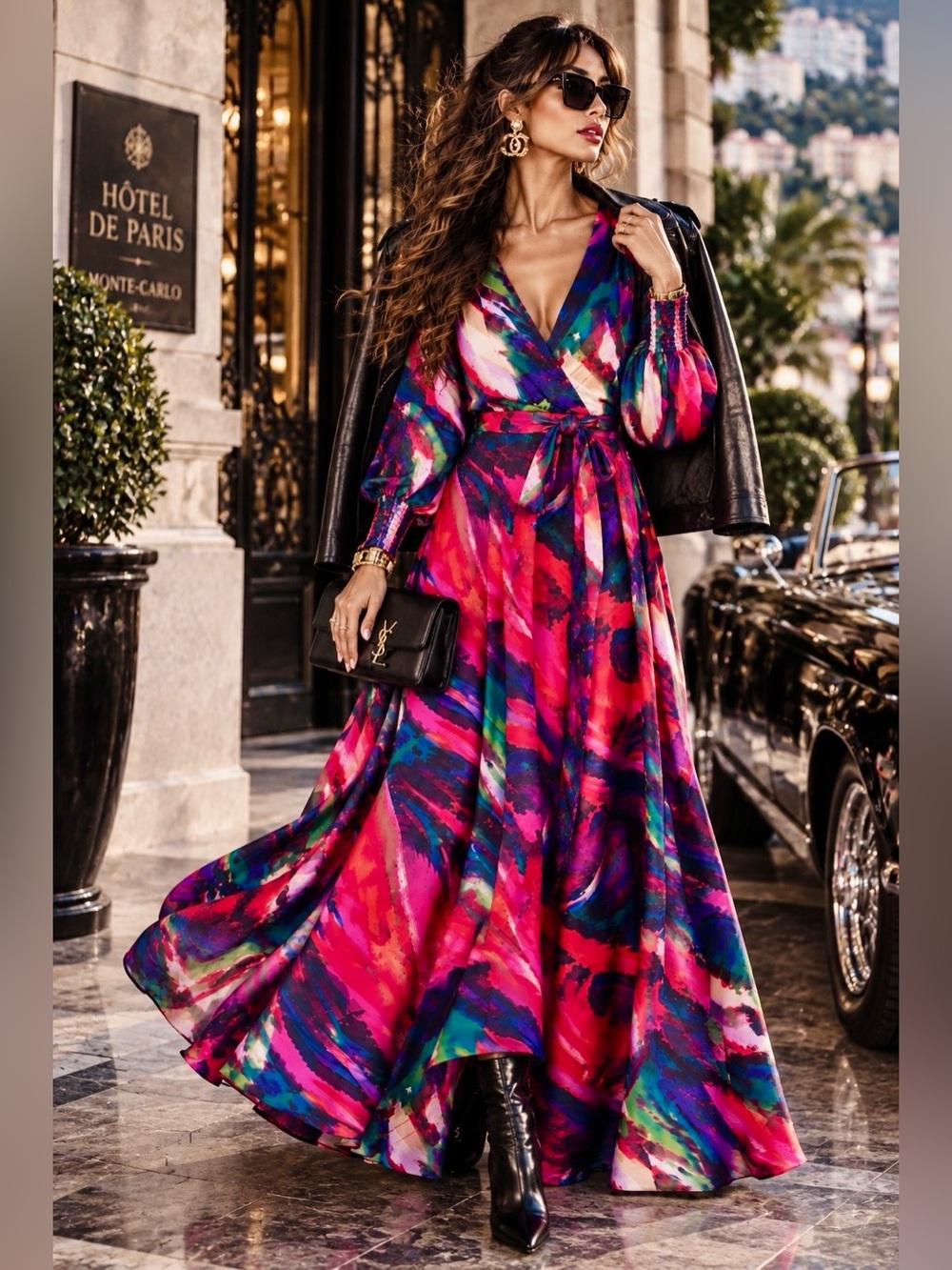 New York & Company Abstract Watercolor Belted Maxi Dress M